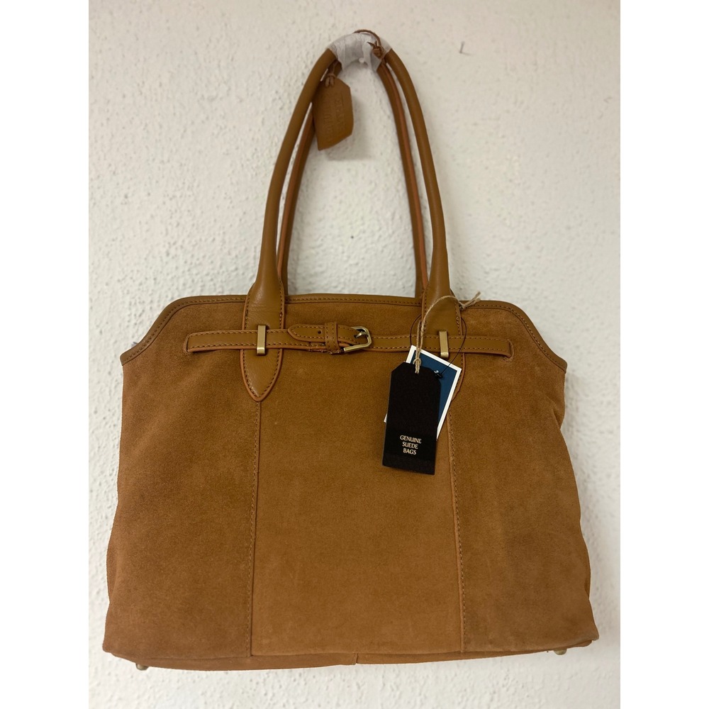 Genuine Suede Leather Tote Bag Tan Brown Shoulder Bag Gold Hardware NEW